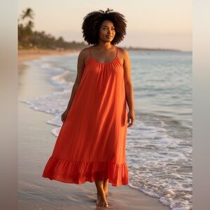 Plus Size 3XL Sundress Flowy Red Orange Sleeveless Dress Nightgown Beach Coverup